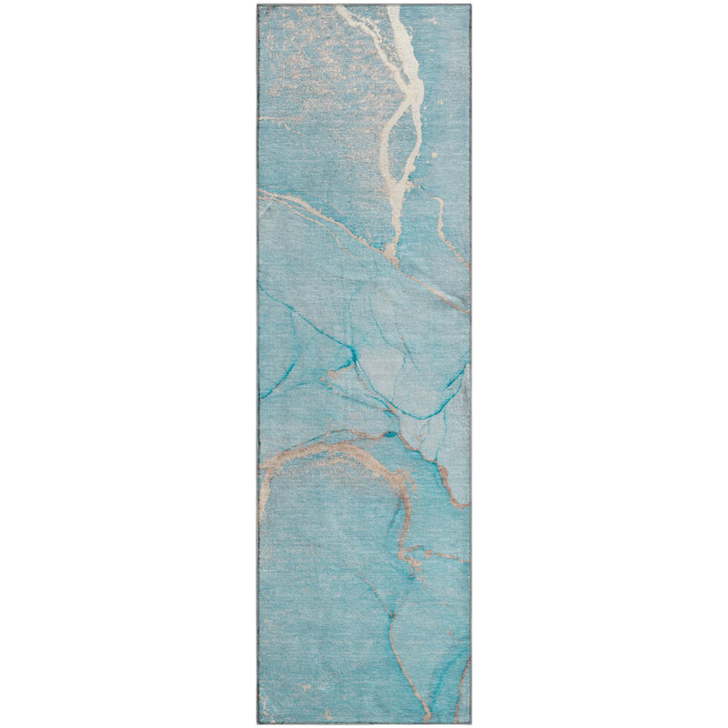 Premium Machine Washable Cerrito AMF510 Teal Rug, Runner 2'3" x 7'6"