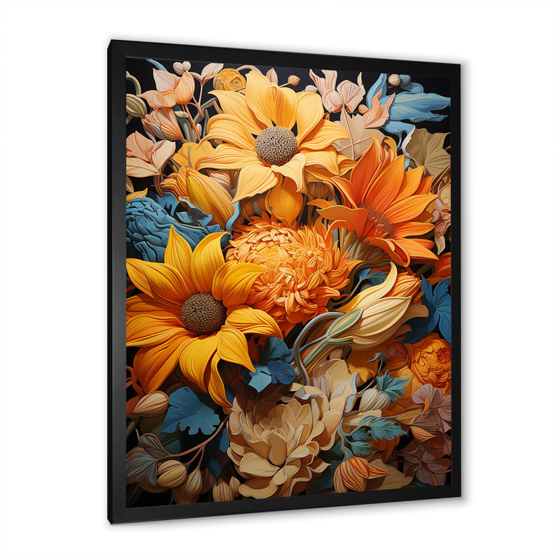 Fleurs jaunes et bleues - art mural fleurs, Cadre photo noir, H 20 po x l 12 po x P 1 po
