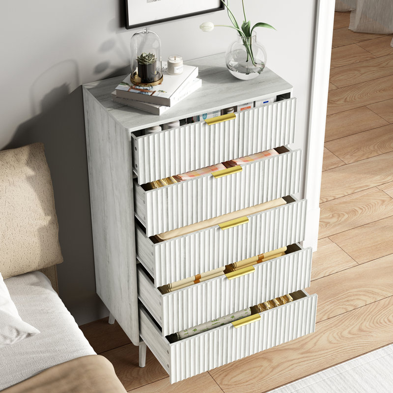 Fluted 5-Drawer Dresser For Bedroom, 28" Modern Chest Of Drawers With Deep Drawers, Curved Profile Design, Wood Drawer Organizer For Living Room, Hallway, Nursery, Hallway Closet
