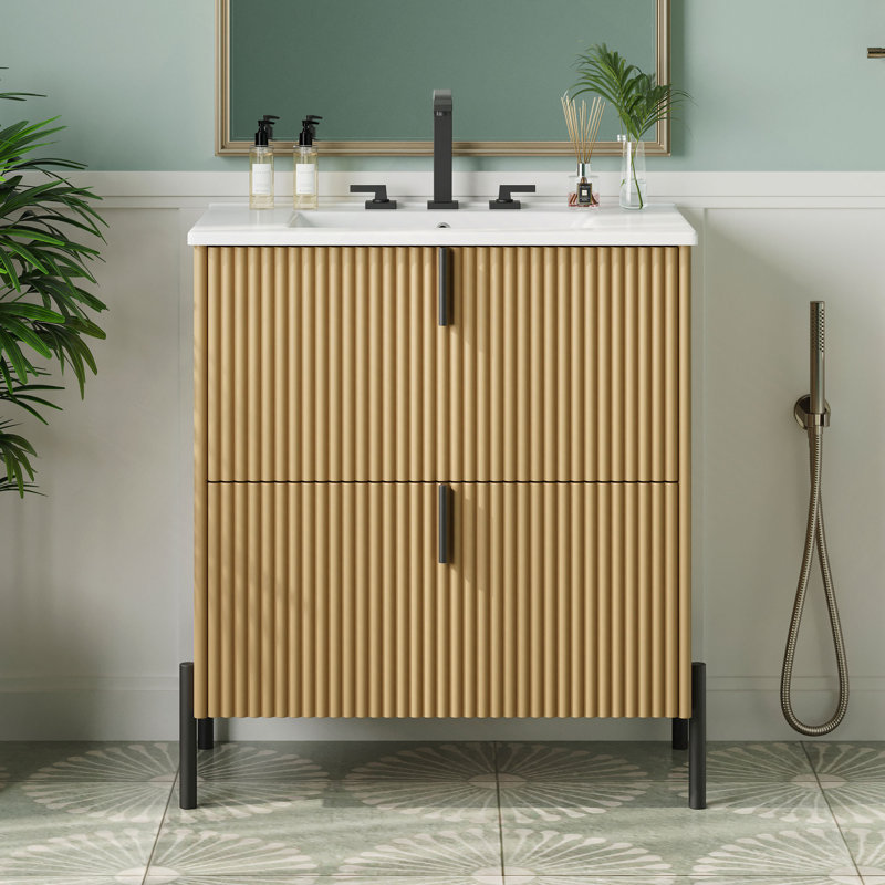 Meuble-lavabo autoportant de 30 po avec lavabo en céramique muni de poignées verticales et de tiroirs pleine extension