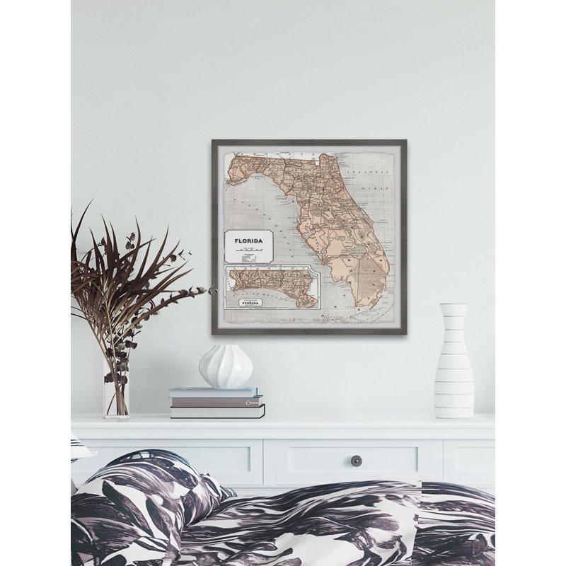 «Old Map of Florida», reproduction d'art graphique sur papier encadré, H 18 po x l 18 po x 1,5 po