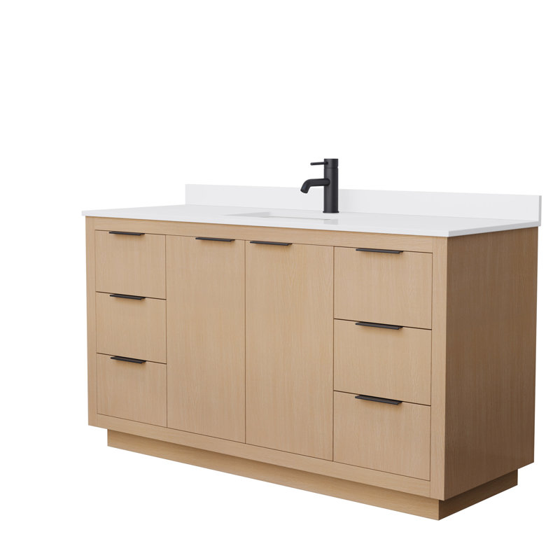 Light Straw Oak Single Bathroom Vanity with White Marble Top