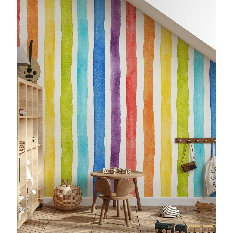 Papier peint aquarelle à rayures arc-en-ciel sur fond blanc, L 75 po x l 112 po