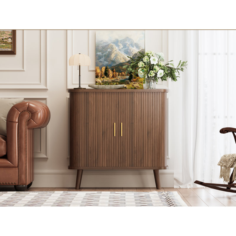 Sliding Louvered Door Side Cabinet with Adjustable Shelves and Curved Side Panels Modern Minimalist Storage Solution, Brown