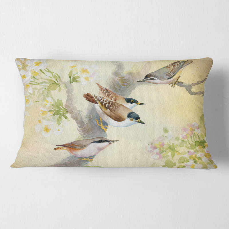 Birds On A Blossoming Apple Tree Animal Print Lumbar Pillow