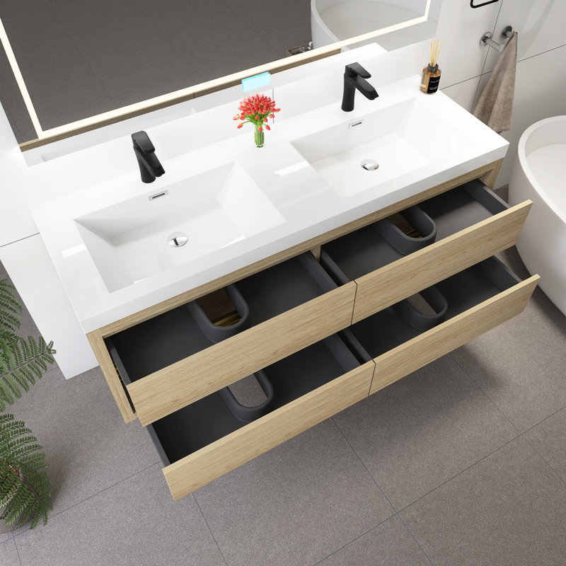 Meuble-lavabo mural 60 po avec lavabo, Bois de chêne naturel