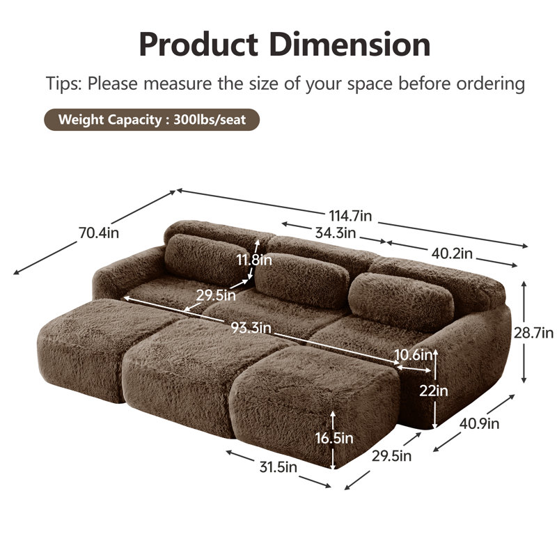 Canapé 3 places pelucheux avec repose-pieds, sans assemblage, 32D, chocolat, Brun