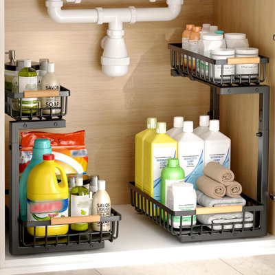 2 Pack Under Sink Organizer, 2-Tier Metal Pull Out Shelf w/ Adjustable Height for Bathroom Kitchen Pantry
