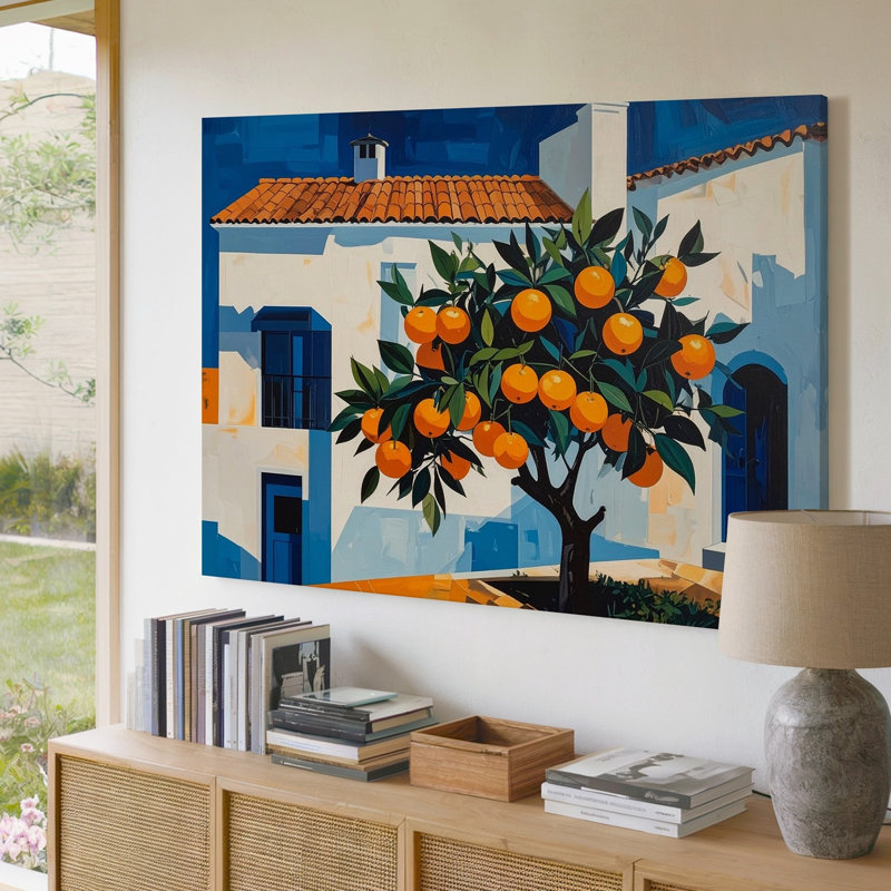 Canvas Mediterranean Orange Tree Canvasstylized Street Scene With Whitewashed House Wall Art, 9" H x 12" W