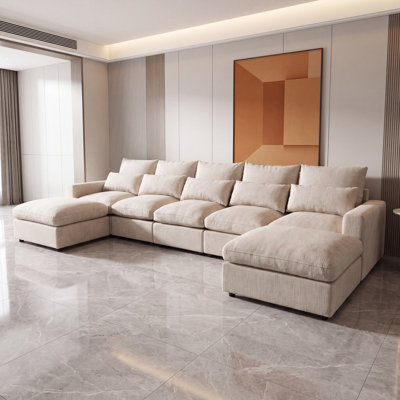 Canapé d'angle modulaire, canapé nuage surdimensionné en forme de U avec double méridienne, mobilier de salon 5 places en chenille rembourrée avec coussins moelleux, beige