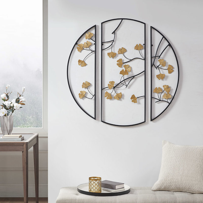 3 décorations murales en métal avec des feuilles de ginkgo dorées intrigantes dans un cadre noir, décoration technique exquise