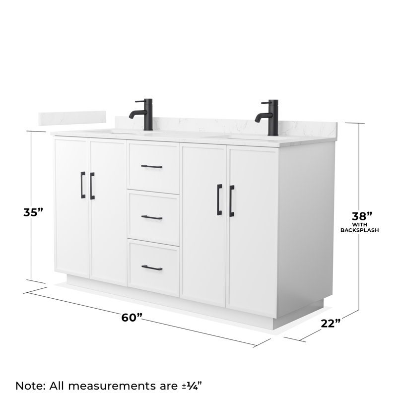 Meuble-lavabo double 60 po Elan TK, Blanc, Marbre de culture de Carrare, Noir mat