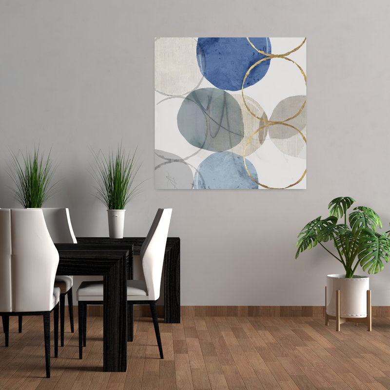 Art mural abstrait contemporain circulaire bleu et doré II, H 36 po x l 36 po