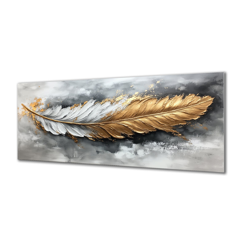 Boho, impression sur métal - plume de luxe avec embouts dorés II, art mural en métal élégant, 32" W x 24" H