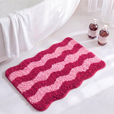 Cute Scalloped Bathroom Rug, Plush Tufted Absorbent Soft Wave Striped Bath Mat 24"x16", Non-Slip Washable Floor Carpet for Bathroom Bedroom Kitchen(Tomato & Pink)