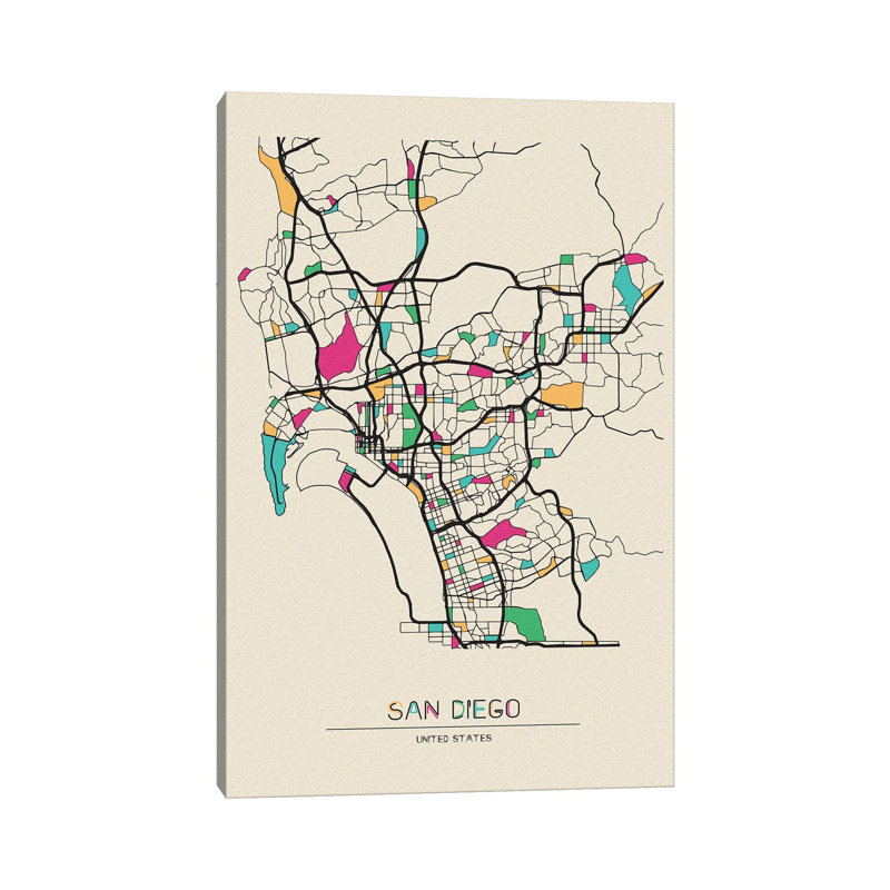 San Diego, California Map by Ayse Deniz Akerman - Wrapped Canvas Gallery-Wrapped Canvas Giclée, 20.32 cm H x 30.48 cm W