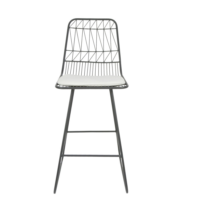 Gray Iron Outdoor Counter Stools with Off-White Cushions, Set of 4
