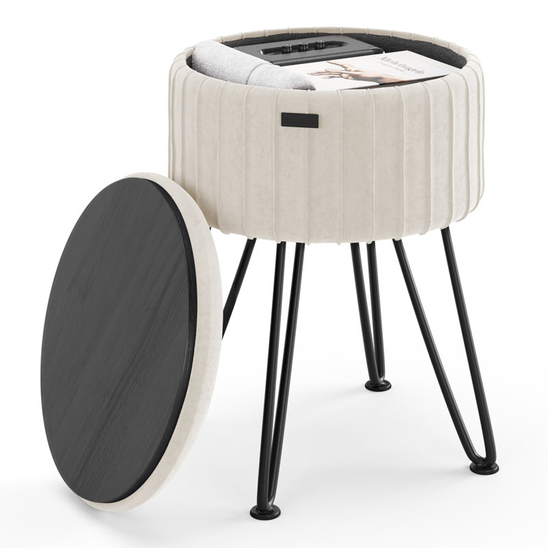Round Pleated Velvet Ottoman with Storage, White, Black