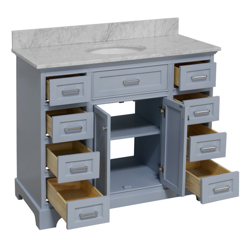 Meuble-lavabo simple P 22 po x H 35 po avec comptoir en marbre de Carrare et bleu poudre Ronnie, Bleu poudre