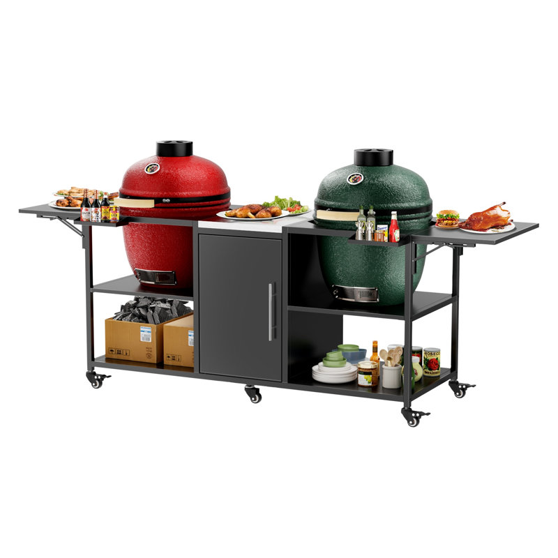 Chariot de barbecue extérieur double pour grandes cuisinières en céramique avec surface de préparation en acier inoxydable, noir et argent