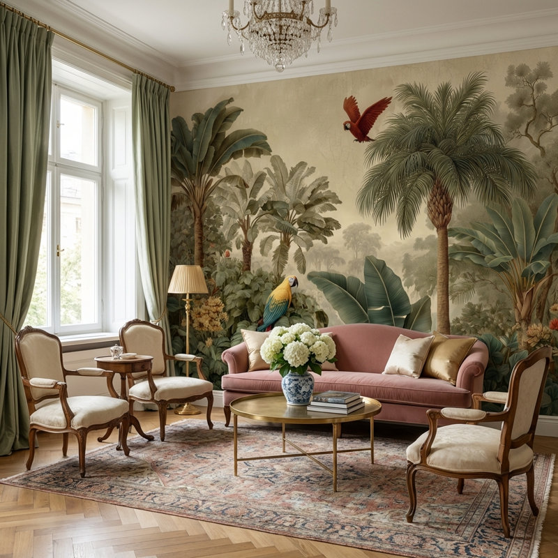 Papier peint tropical perroquets et palmiers, 160 po x 108 po, Non tissé