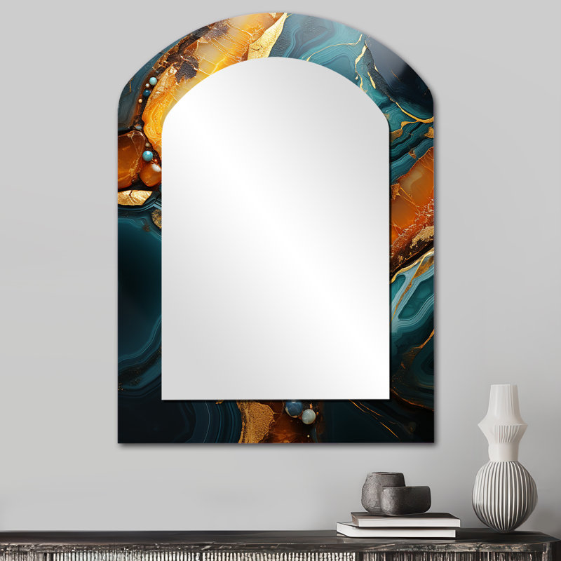 Or et vert topaze agate granit V - miroir mural arqué abstrait, miroir décoratif asymétrique doré, impression d'art en métal