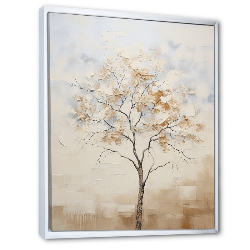 Minimalisme, érable beige sur fond mélodique sur toile, Cadre flottant blanc, H 44 po x l 34 po x P 1,5 po