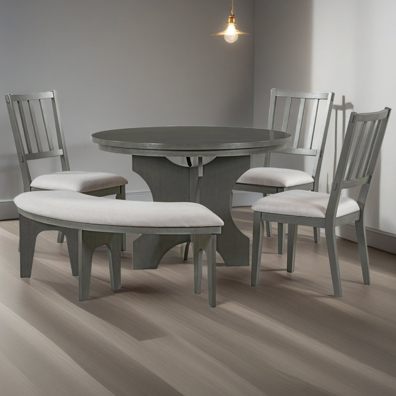 Ensemble de salle à manger 5 pièces avec 3 chaises rembourrées et un banc incurvé rustique, Gris