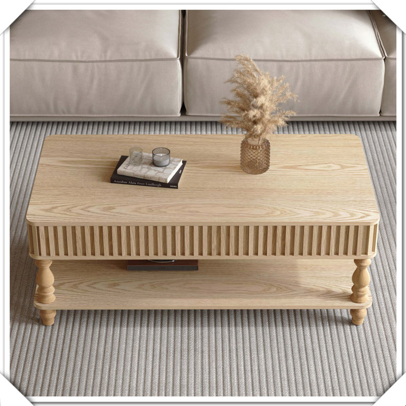 Table basse cannelée avec rangement, Bois naturel