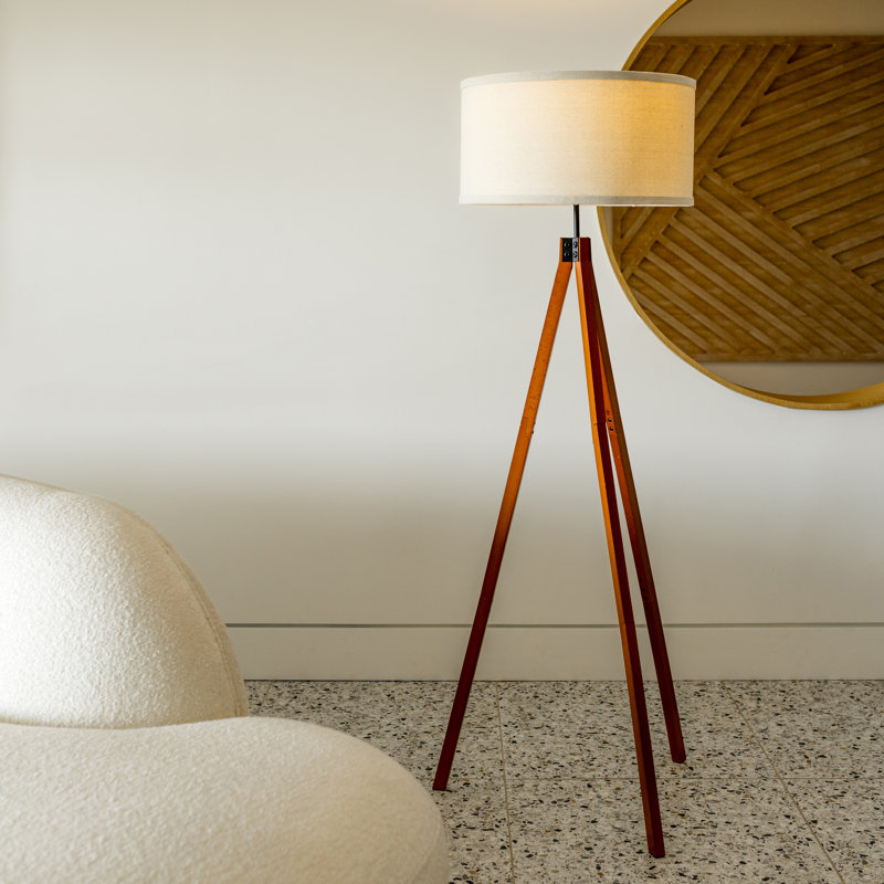 Lampe trépied DEL moderne Mid-Century avec finition brun Havana, abat-jour tambour en tissu beige et gradation à 3 voies Eden, ampoule incluse