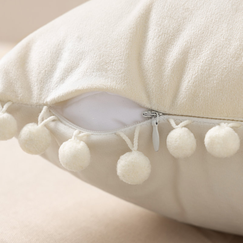 Silky Velvet Series Pom-poms Decorative Throw Pillow, Off White, Pillow Cover & Insert, Rectangle 12"H x20"W