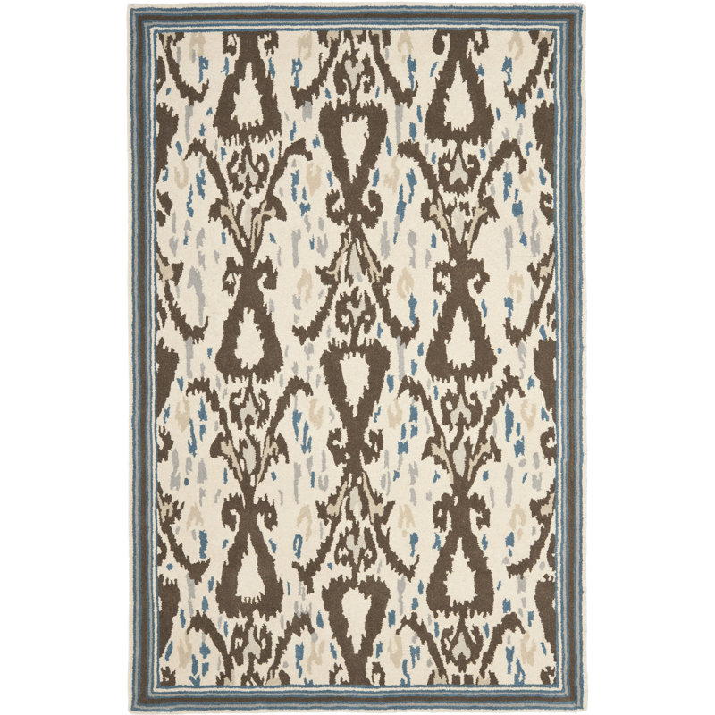 Tapis ivoire / clou de girofle touffeté à la main Ikat, Rectangle 4 pi x 6 pi