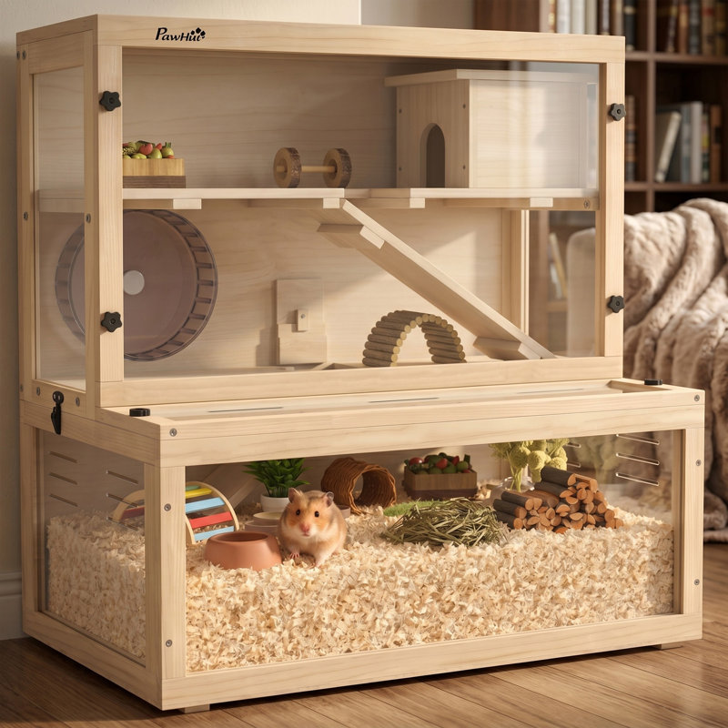 3 Tier Wooden Hamster Cage with Hut Wheel Ramps 80 x 50 x 84 cm