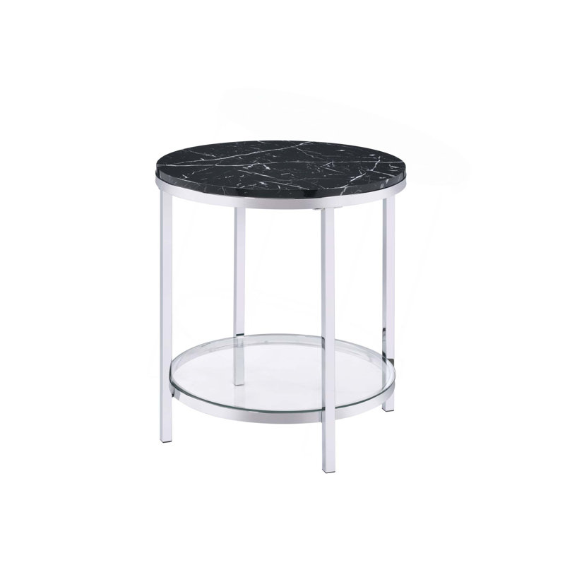 Table de bout en faux marbre noir et finition chromée