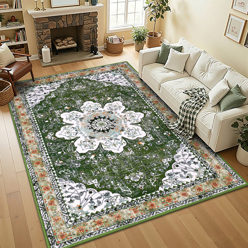 Machine Washable Non-Slip Green Oriental Area Rug, Rectangle 6' x 9'