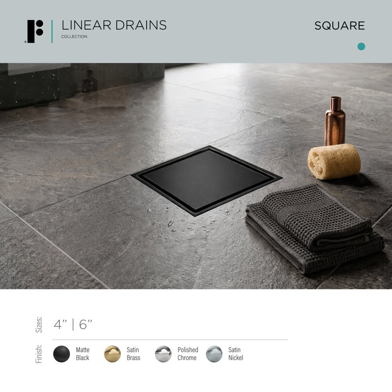 FINE FIXTURES Stainless Steel 6 inch Square Shower Drain with Hair Trap and Tile Insert & Grate 2-in-1 Design, Matte Black