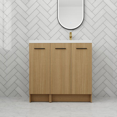 Meuble-lavabo simple 36 po avec tablettes réglables, meuble autoportant avec lavabo droit en résine