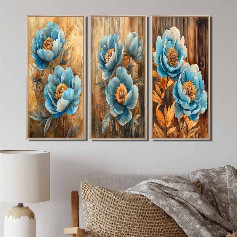 Pivoines bleues dans la basse-cour I - Collection d'art mural de grandes pivoines, H 32 po x l 48 po, Crème, crème