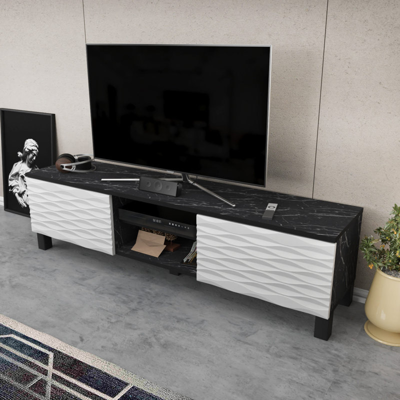 Meuble télé moderne avec finition en marbre, noir et blanc, 59,1 po x 13,8 po x 15,9 po | 100% panneau de particules enduit de mélamine, épaisseur: 0,7 pouce | Conception élégante et fonctionnelle pour le salon et les espaces de divertissement