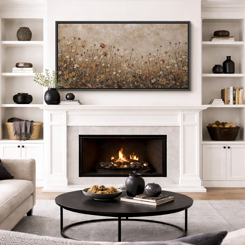 Autumn Wildflower Meadow Artwork, Living Room Pictures, Framed Canvas Giclee Print Wall Art, Black Floater Frame