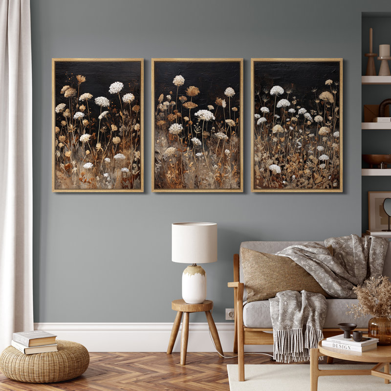Neutral Botanical Meadow with White and Brown Wild Blooms – Pictures Framed Canvas Print 3 Pieces Wall Art, Natural Frame