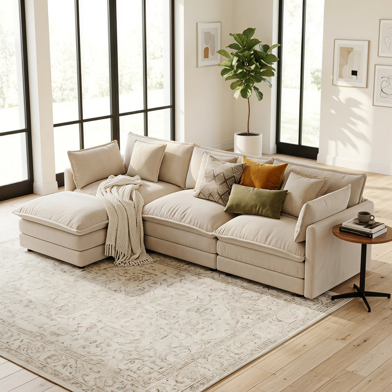 Canapé modulaire en L à 3 places avec repose-pieds ModuHaven, canapé rembourré en chenille avec 5 coussins, structure en bois massif robuste, mobilier de salon moderne, assemblage facile