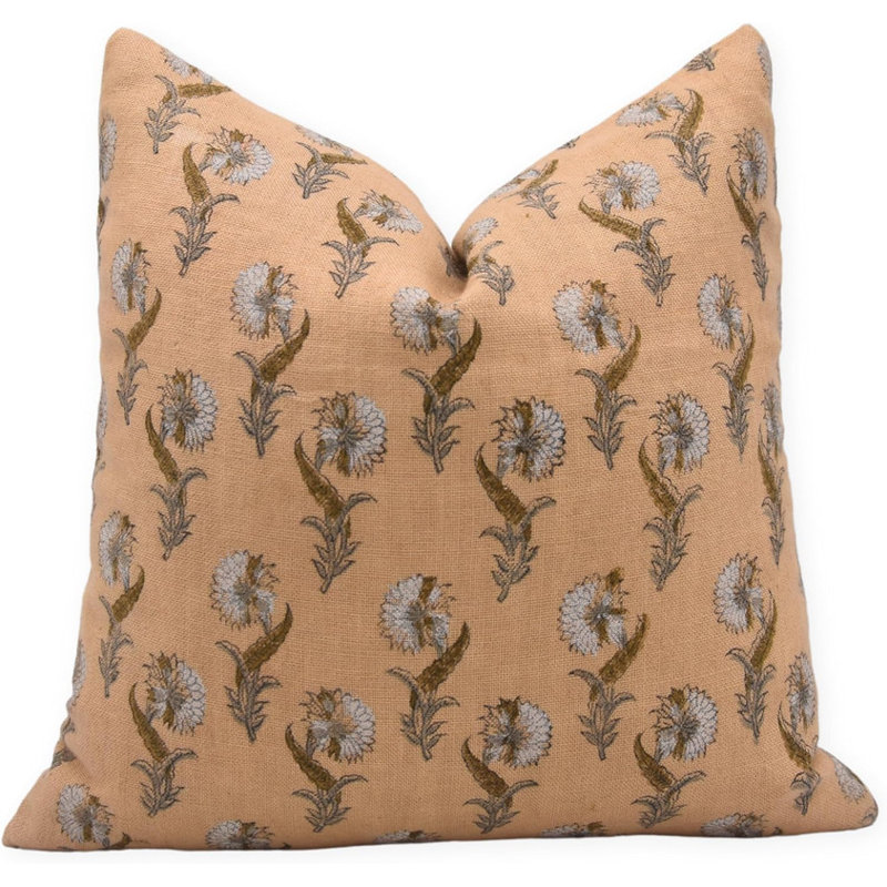 Housse de coussin en lin à motif de blocs de lin à motif fait à la main Fabividine, Orange / blanc floral 1, Carré