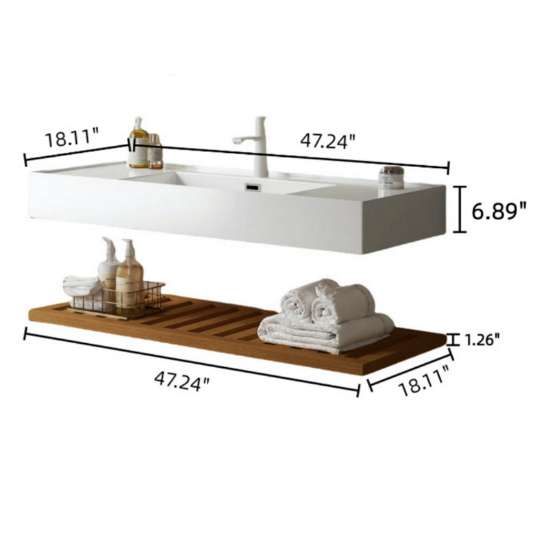 Bathroom Vessel Rectangular Sink, Wall-Mounted Floating Acrylic Basin With Shelf, Walnut