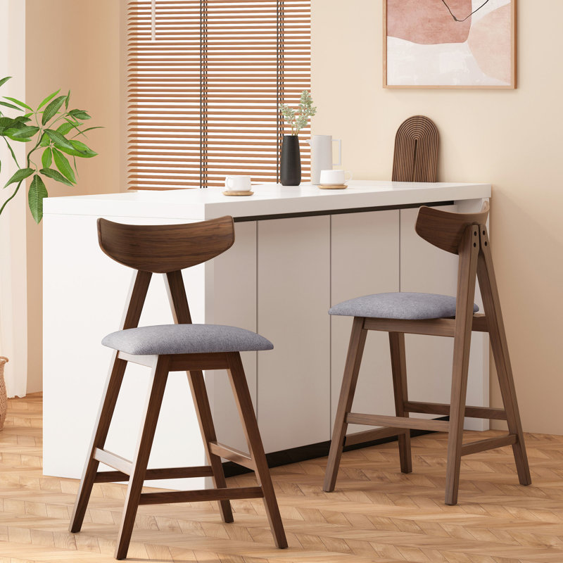 2 tabourets de comptoir Mid-Century 2 - gris foncé rembourrés et 2 pieds en bois d'hévéa
