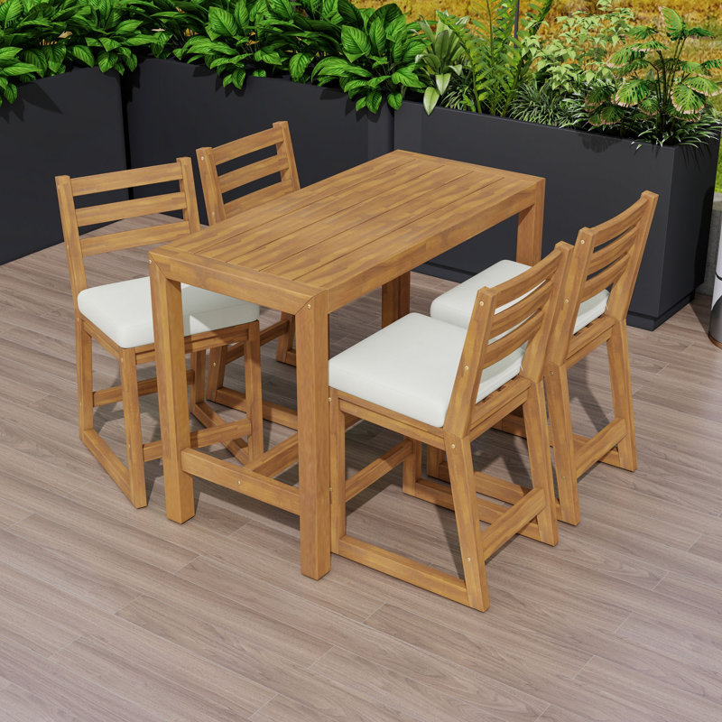 Ensemble de bar d'extérieur 5 pièces avec table haute et 4 chaises à dossier à lattes pour le balcon ou la cour, Teck clair