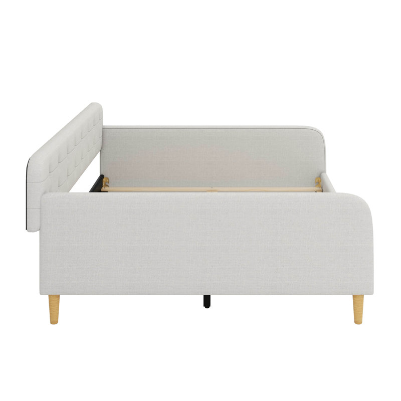 Lit de jour enveloppé dans un tissu d'ameublement et reposant sur des pieds robustes, Grand lit, Beige