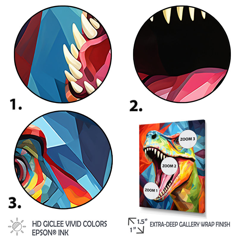 Cubiste coloré Trex Dino I - dinosaure, art mural, Cadre simple blanc, H 20 po x l 12 po x P 1 po