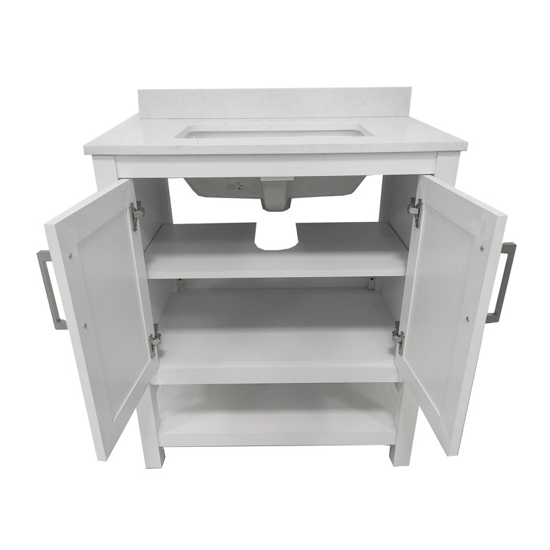Ajmer 30'' Free-standing Single Bathroom Vanity with Undermount Sink and Open Storage Shelf, Nickel, White