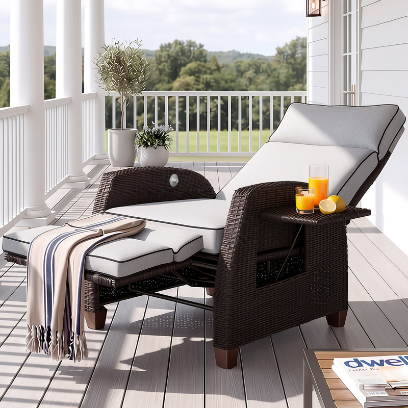 Garden Wicker Recliner Chair, Air Pump Adjustable Backrest Up to 150 Degree with Cushions, Grayish White, Dark Brown
